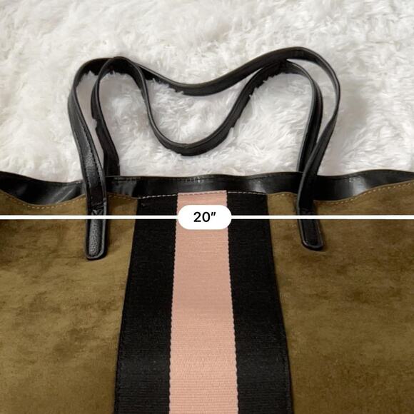 Neiman Marcus Olive Green Faux Suede Pink Black Stripes L Large Tote Bag Preppy - Picture 4 of 7